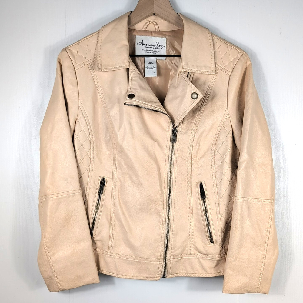 American Rag Jacket Womens L Pink Faux Leather Moto Full Zip Quilted Biker Style